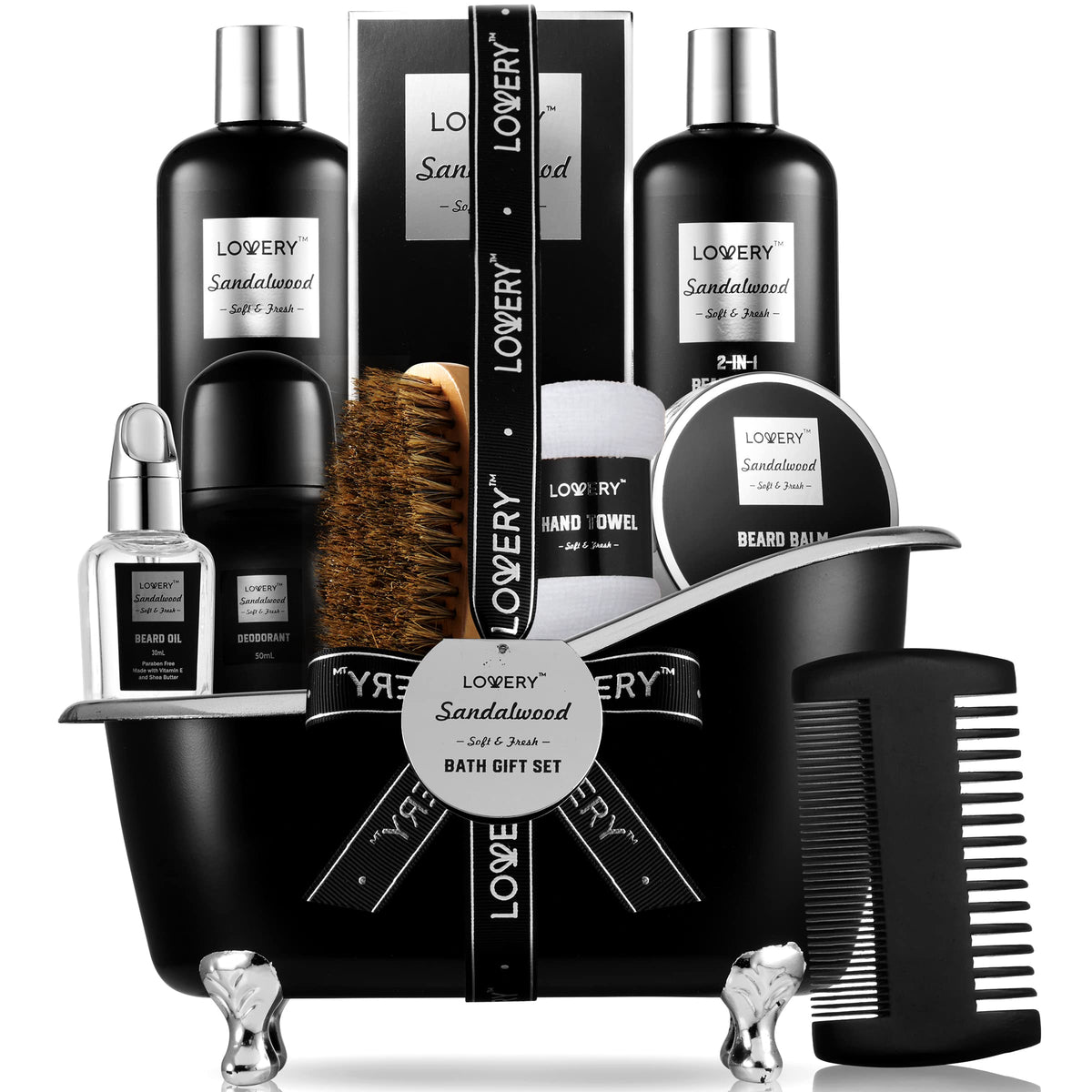 Christmas Beard Kit and Body Care Gifts for Men Sandalwood Spa Gift Baskets Mens Bath and Beard Grooming Kitf or Him Unique Birthday Gifts for Him with Beard Balm Growth Oil Deodorant and More